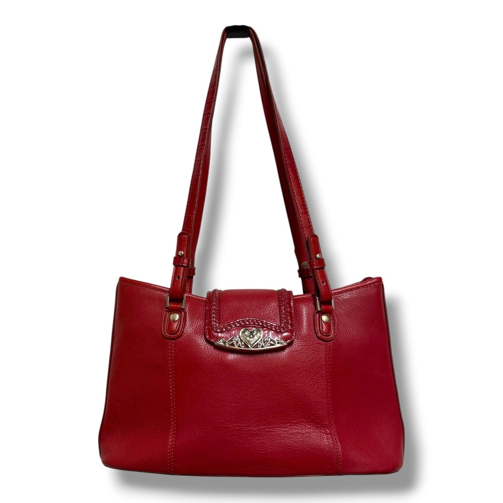 Coldwater Creek‎ Red Leather Shoulder Bag Heart Silver Tote Purse Multi Pocket